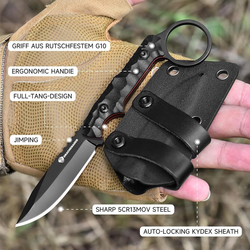 DRACHENADER EDC Fixed Blade Knife with Sheath 7.08" Small Horizontal Carry Knifes with Kydex Sheath, Full Tang 5Cr13MoV Stainless Steel, Black, Neck Knife, Men Gifts - Image 2
